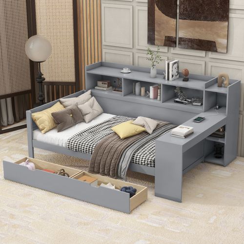 Lit Enfant 90x200 Cm Avec 2 Tiroirs, Bureau Intégré Et Ports USB, Rangement Pratique, Gris