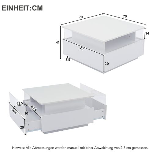 Table Basse 70x70x41 Cm Blanche Laquée LED Avec 2 Tiroirs Et Zone Transparente