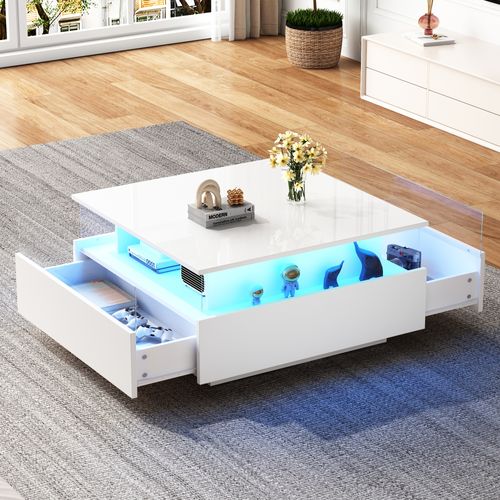 Table Basse 70x70x41 Cm Blanche Laquée LED Avec 2 Tiroirs Et Zone Transparente