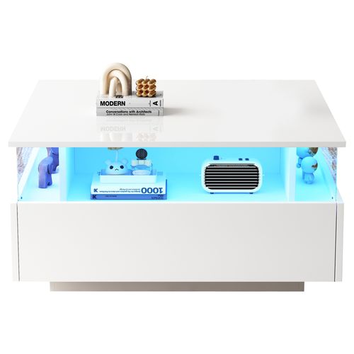 Table Basse 70x70x41 Cm Blanche Laquée LED Avec 2 Tiroirs Et Zone Transparente