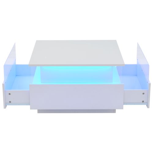 Table Basse 70x70x41 Cm Blanche Laquée LED Avec 2 Tiroirs Et Zone Transparente