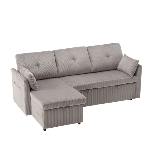 Canapé D'angle Convertible 3 Places 206x108 Cm Avec Coffre De Rangements, Velours Côtelé Gris Clair