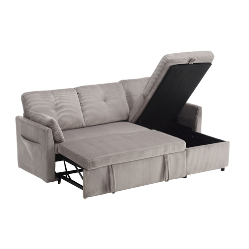 Canapé D'angle Convertible 3 Places 206x108 Cm Avec Coffre De Rangements, Velours Côtelé Gris Clair