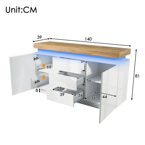 Buffet Blanc Haute Brillance Avec LED, 2 Portes Et 3 Tiroirs De Rangement, Salon Et Entrée