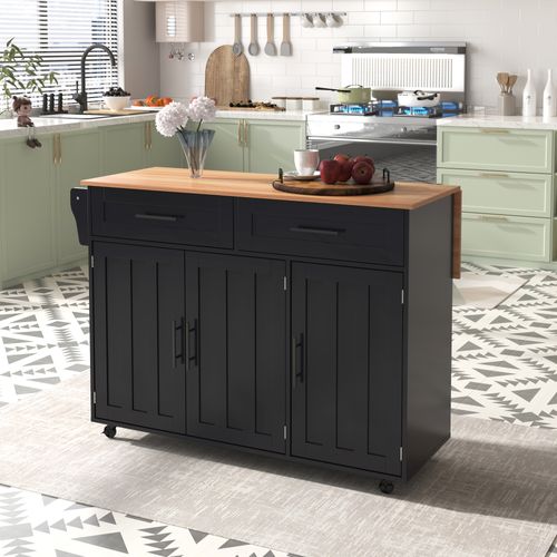 Desserte De Cuisine Noire Et Bois Clair 129x46/71x91,5 Cm Avec 2 Tiroirs Et 3 Étagères