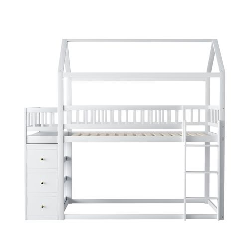 Lit Superposé Cabane 90x200 Cm Bois Blanc Forme Maison Avec 3 Tiroirs Et Étagères