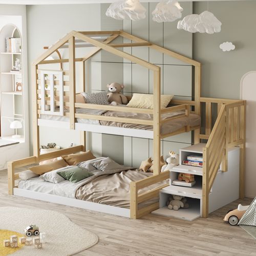 Lit Superposé Enfant 90x200/140x200 Cm En Pin Naturel Avec Rangements Et Barrières De Sécurité