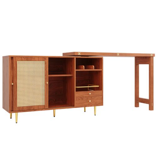 Table De Bar Pivotante Extensible, Bois Et Métal Doré, Avec 2 Tiroirs Et 2 Portes Coulissantes