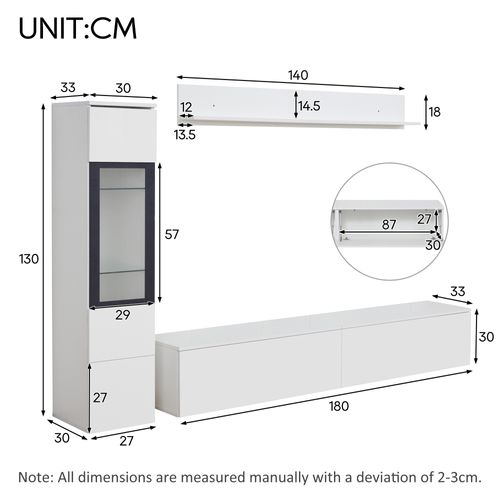 Ensemble Meuble TV Mural 3 Pièces Avec Vitrine Et Rangement Mural, LED, Blanc
