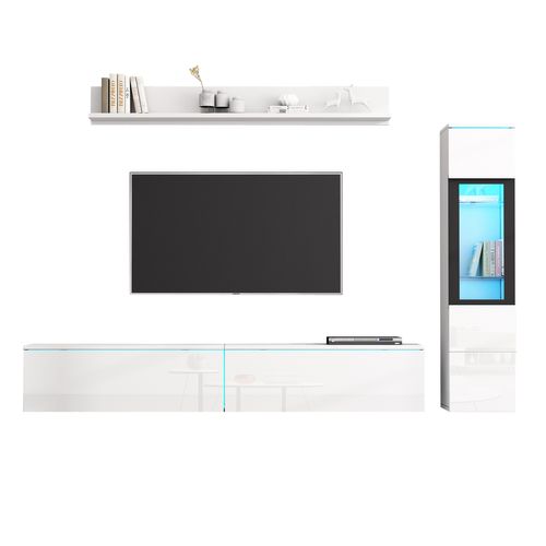 Ensemble Meuble TV Mural 3 Pièces Avec Vitrine Et Rangement Mural, LED, Blanc