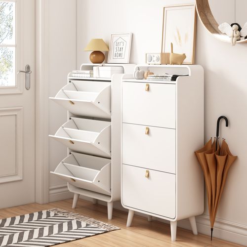 Meuble à Chaussures Étroit Avec 3 Portes Rabattables, Blanc, Pieds En Bois