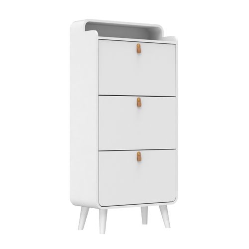 Meuble à Chaussures Étroit Avec 3 Portes Rabattables, Blanc, Pieds En Bois