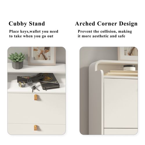 Meuble à Chaussures Étroit Avec 3 Portes Rabattables, Blanc, Pieds En Bois