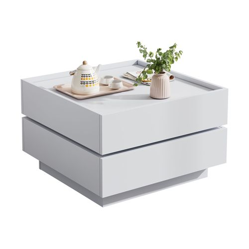 Table Basse Blanche Rotative Carrée 360° 60x60x38 Cm, 2 Niveaux Avec 2 Tiroirs