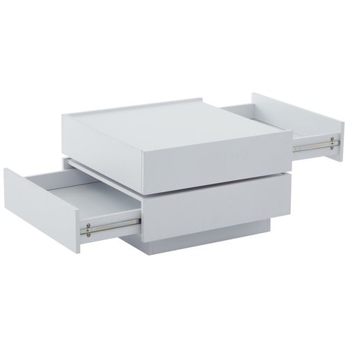 Table Basse Blanche Rotative Carrée 360° 60x60x38 Cm, 2 Niveaux Avec 2 Tiroirs