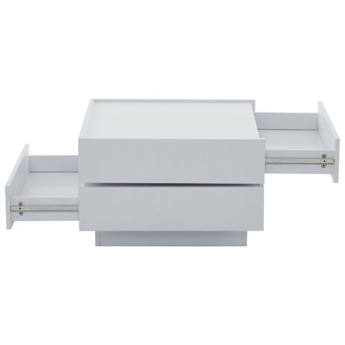Table Basse Blanche Rotative Carrée 360° 60x60x38 Cm, 2 Niveaux Avec 2 Tiroirs