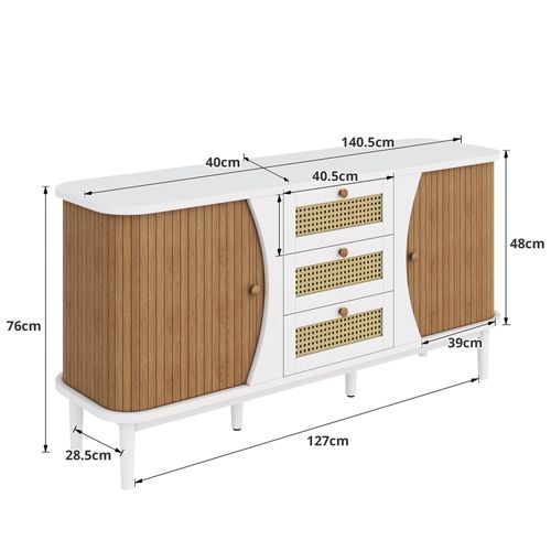 Buffet Blanc Et Bois — 3 Tiroirs En Rotin, 2 Portes Blanches, Grand Rangement