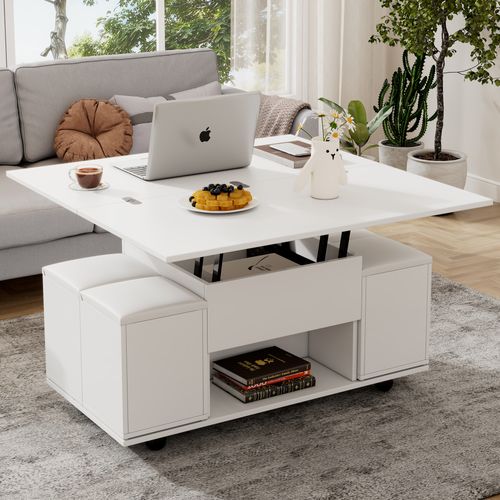 Table Basse Blanche Releveble à Roulettes Avec 4 Chaises Intégré - Plateau Réglable Et Rangement