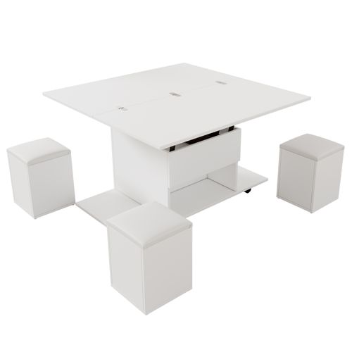 Table Basse Blanche Releveble à Roulettes Avec 4 Chaises Intégré - Plateau Réglable Et Rangement