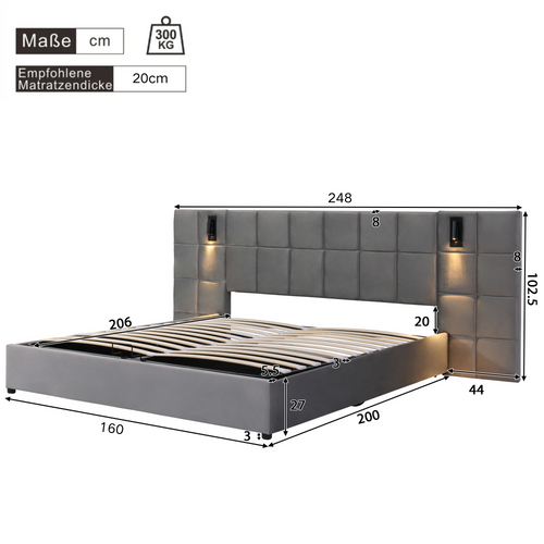 Lit Adulte 160x200 Cm Avec Rangements, Tête à 2 Lampes LED En Velours Gris, Structure Métal