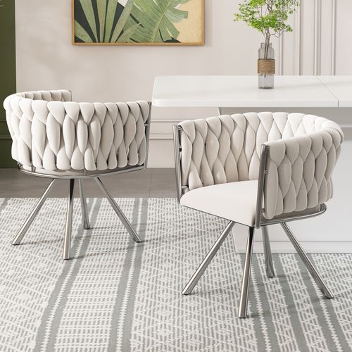 Lot De 4 Chaises Velours Beige Pivotantes 360° Avec Piétement Métal Argenté
