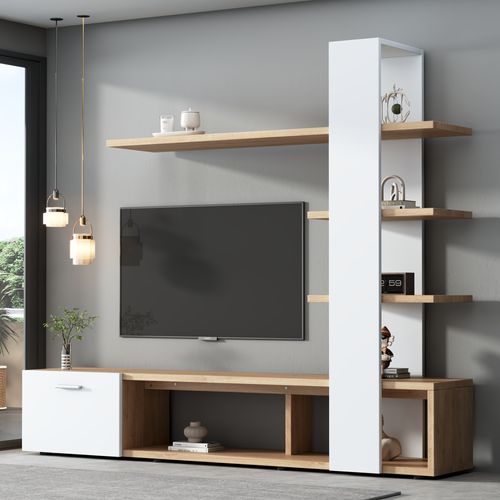 Meuble TV Blanc Et Bois 180 X 33,5 X 151,5 Cm Avec Rangements Murals Et Porte Pour TV ≤60''