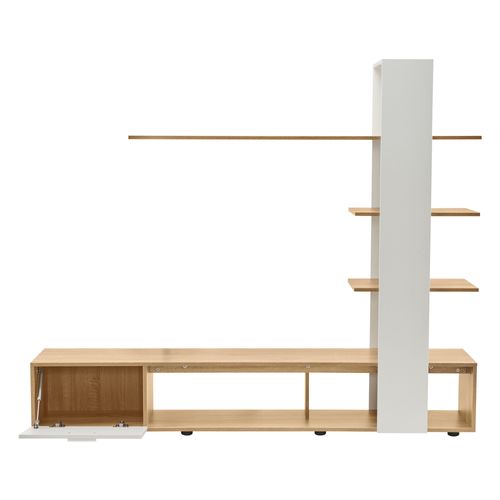 Meuble TV Blanc Et Bois 180 X 33,5 X 151,5 Cm Avec Rangements Murals Et Porte Pour TV ≤60''