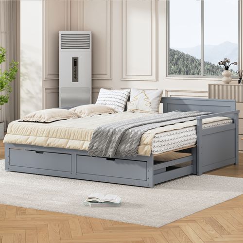 Lit Enfant Gigogne 90x190 Cm Convertible En 180x190 - Lit Gigogne Avec 2 Tiroirs, Pin Gris