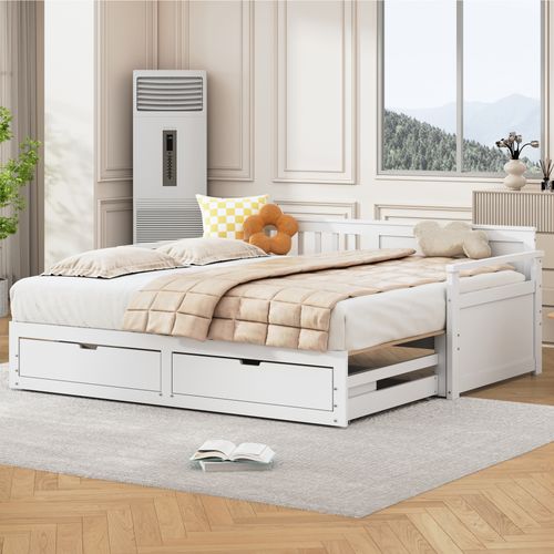 Lit Enfant Gigogne 90x190 Cm Convertible En 180x190 - Lit Gigogne Avec 2 Tiroirs, Pin Blanc