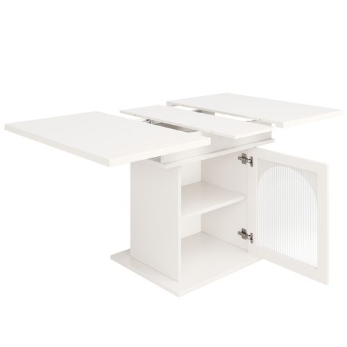 Table à Manger Extensible 110-140x80 Cm Blanc, Étagères Et Portes En Verre, 4 à 6 Personnes