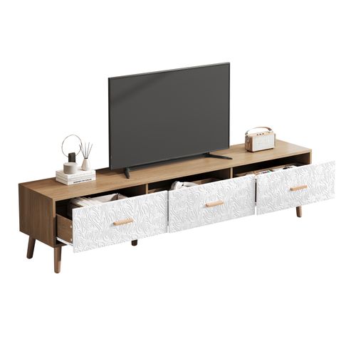 Meuble TV 150x35x39 Cm Avec 3 Tiroirs, Bois Clair Et Portes Blanches