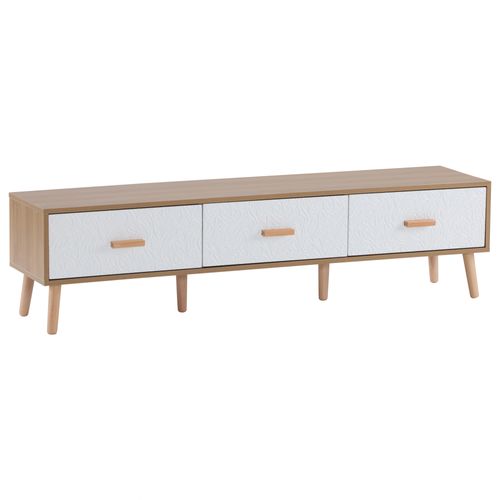 Meuble TV 150x35x39 Cm Avec 3 Tiroirs, Bois Clair Et Portes Blanches