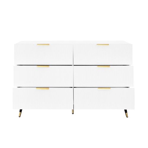 Commode Blanche Avec 6 Tiroirs, Buffet De Salon, Poignées Et Pieds Dorés