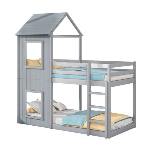 Lit Enfant Superposé 90x200 Cm Forme Cabane En Bois De Pin Gris Avec Échelle Et Sommies à Lattes