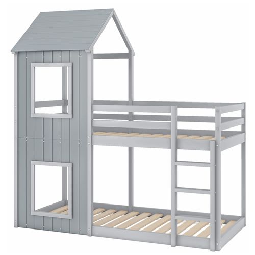 Lit Enfant Superposé 90x200 Cm Forme Cabane En Bois De Pin Gris Avec Échelle Et Sommies à Lattes