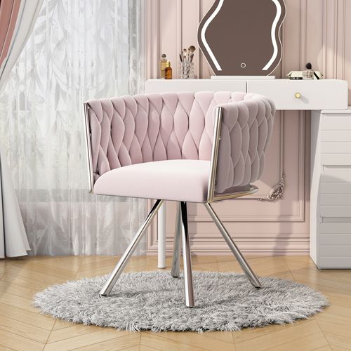 Fauteuil Maquillage Rotatif En Velours Rose, Dossier Incurvé Ergonomique, Piètement Métal 4 Pieds