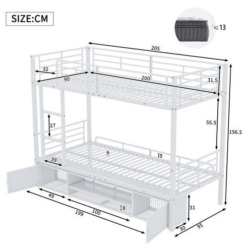 Lit Superposé Enfant 90x200 Cm Métal Blanc Avec Rangement Chaussures Et 2 Portes