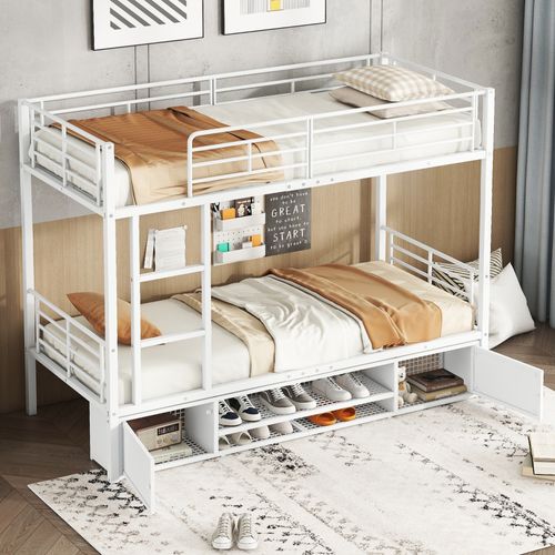 Lit Superposé Enfant 90x200 Cm Métal Blanc Avec Rangement Chaussures Et 2 Portes