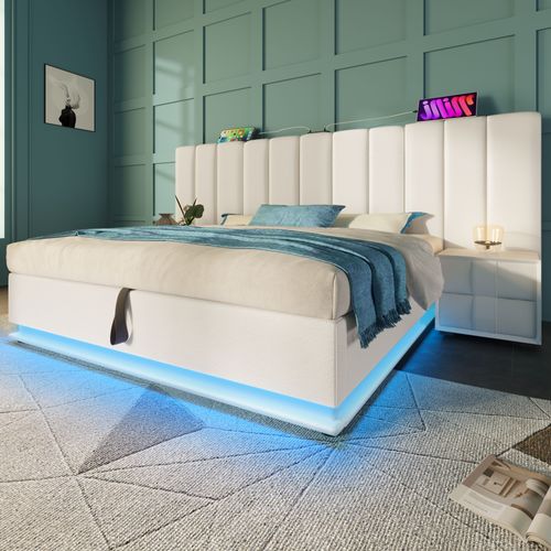 Lit Adulte LED 180x200 Cm En Pu Avec Coffre De Rangement, Éclairage, Ports USB/type-c, Blanc