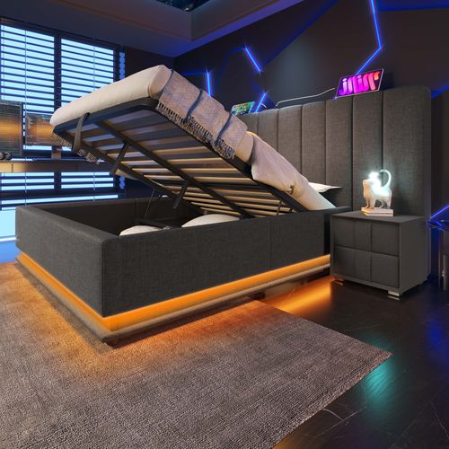 Lit Coffre 180x200 Cm Avec Rangement Hydraulique, LED, Ports USB/type-c, Lin Gris