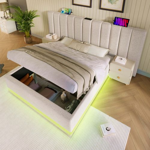 Lit Adulte LED 160x200 Cm Avec Coffre De Rangement, Ports USB/type-c, Lin Beige