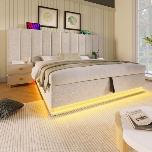 Lit Adulte LED 160x200 Cm Avec Coffre De Rangement, Ports USB/type-c, Lin Beige