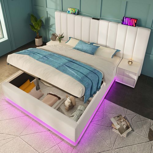 Lit Adulte 160x200 Cm Avec Rangement Hydraulique, LED, Ports USB Et Type-c, Pu Blanc