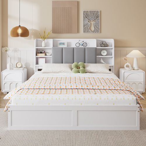 Lit Adulte 160x200 Cm En Pin Blanc Et Tête De Rangement En Velours Gris, 3 Tiroirs Et Étagères