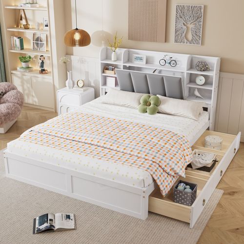 Lit Adulte 160x200 Cm En Pin Blanc Et Tête De Rangement En Velours Gris, 3 Tiroirs Et Étagères