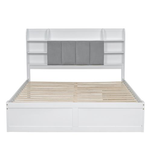 Lit Adulte 160x200 Cm En Pin Blanc Et Tête De Rangement En Velours Gris, 3 Tiroirs Et Étagères