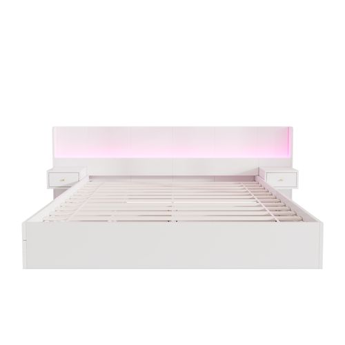 Lit Adulte LED 180x200 Cm Blanc Avec 2 Tiroirs, 2 Tables De Chevet, Ports USB