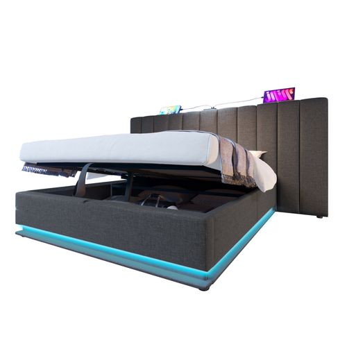 Lit Adulte Coffre 160x200 Cm Avec Rangement, Ports USB/type-c, Éclairage LED, Lin Gris