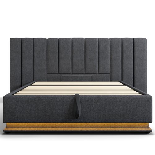 Lit Adulte Coffre 160x200 Cm Avec Rangement, Ports USB/type-c, Éclairage LED, Lin Gris