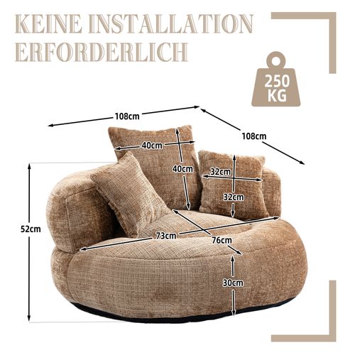 Fauteuil Pouf Poire Lounge 108x108x52 Cm Tissu Chenille Café, Dossier Haut, Assise Spacieuse